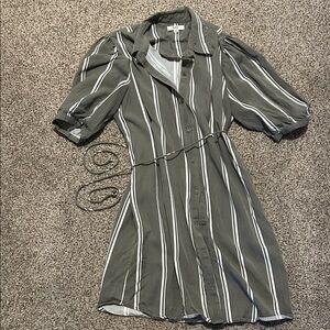 BB Dakota Olive and White Striped Button-Front Midi Dress